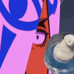 a close up of a cartoon character 's face with a bottle of soap in front of it