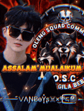 a man wearing sunglasses stands in front of an oleng squad emblem