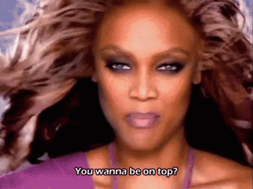 a woman in a purple top says you wanna be on top .