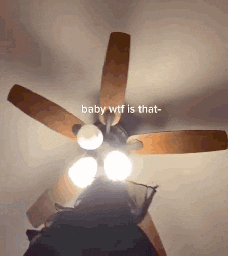 a ceiling fan with the words baby wtf is that