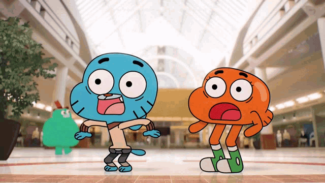 a couple of cartoon characters standing next to each other