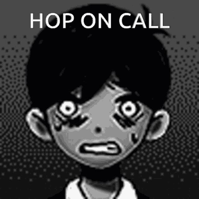 a black and white drawing of a boy with big eyes and the words `` hop on call '' written above him .