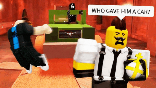 a man in a suit and tie is holding a bag of money and a speech bubble that says who gave him a car