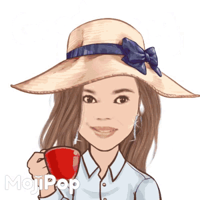 a cartoon of a woman wearing a hat and holding a cup