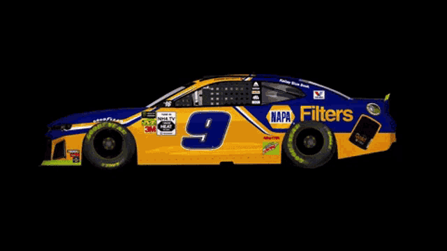 a yellow and blue race car with napa filters written on the side