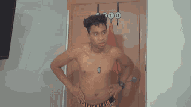 a shirtless man in calvin klein underwear stands in front of a door with a sticker on it that says ii