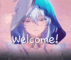 a girl with blue hair is wearing a hood and the words welcome are on the bottom