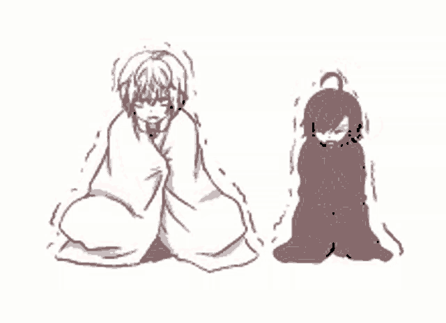 a drawing of two people wrapped in a blanket