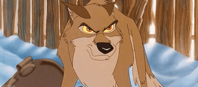 a close up of a cartoon wolf with a fence in the background