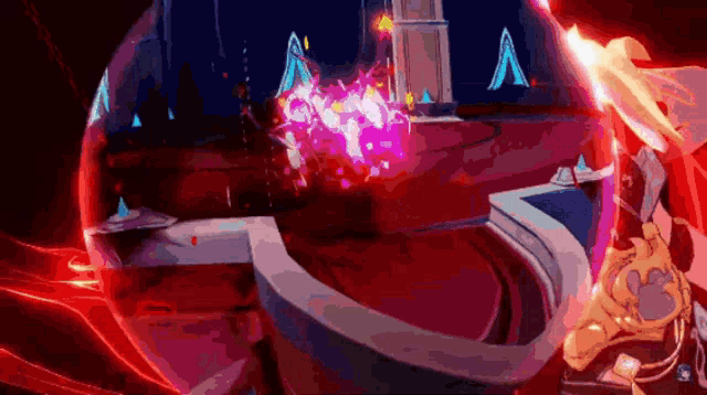 a video game character is holding a sword in a room with a lot of red and blue lights .