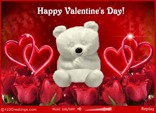 a happy valentine 's day card with a teddy bear surrounded by red roses and hearts