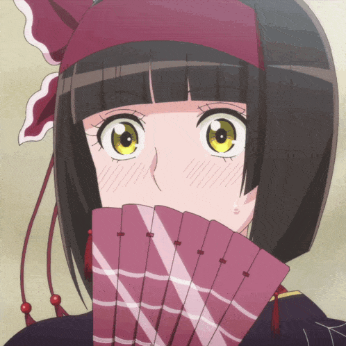 a girl with short black hair and yellow eyes is holding a pink fan