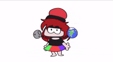 a cartoon character with red hair and a top hat is holding a globe