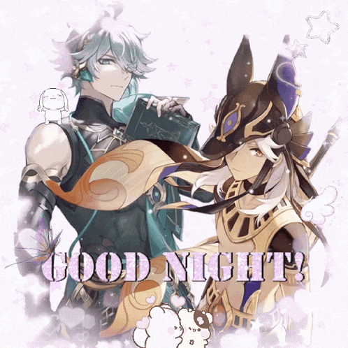 a couple of anime characters are standing next to each other with the words good night written on the bottom