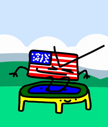 a cartoon drawing of an american flag sitting on a trampoline