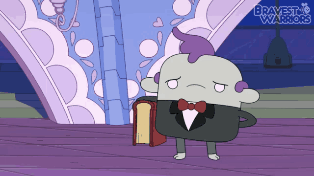 a cartoon character from bravest warriors is holding a book in his hand