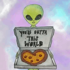 Alien Holding A Box Of Pizza Heart-shaped Pizza GIF - Alien Holding A Box Of Pizza Heart-shaped Pizza You'Re Outta This World GIFs
