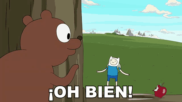 a cartoon character is standing in a field with the words oh bien in white letters