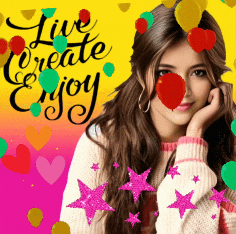 a woman is surrounded by balloons and the words " live create enjoy " on a yellow background