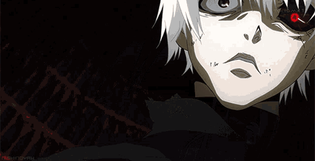 a close up of a person 's face with a red eye and the word mekinoman below