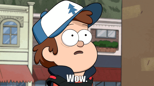 a cartoon character says wow in front of buildings