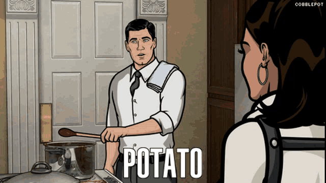 a cartoon of archer cooking potatoes with a woman in the background