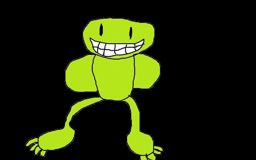 a drawing of a green frog with a big smile on its face and arms and legs .
