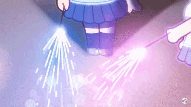 a girl in a blue skirt is holding a purple sparkler in her hand