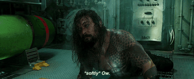 a man with long hair and a beard is laying on the floor and saying softly ow