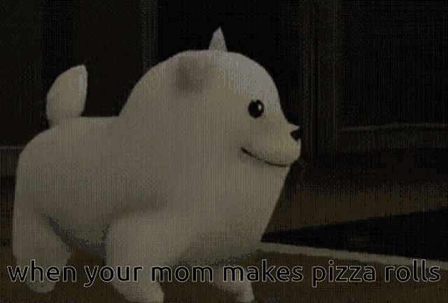 a cartoon dog with the words " when your mom makes pizza rolls " on the bottom
