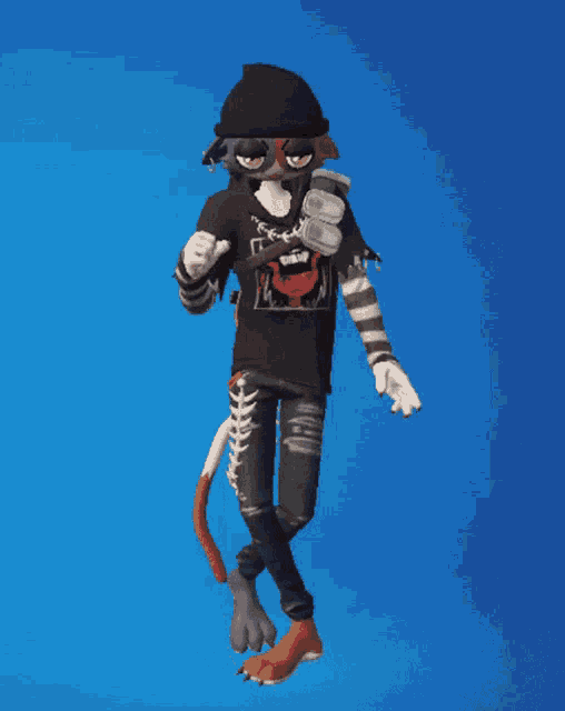 a cartoon character is wearing a black t-shirt with a cat on the front