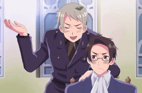 two anime characters are standing next to each other