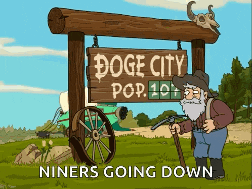 a cartoon of a man holding a pickaxe in front of a sign that says doge city