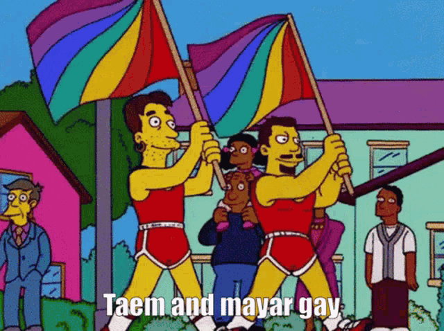 a cartoon of two men holding rainbow flags with taem and mayar gay written below them