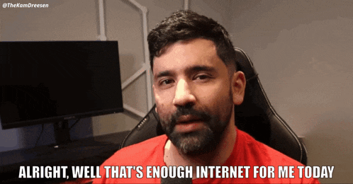 a man in a red shirt says " alright well that 's enough internet for me today " in front of a monitor
