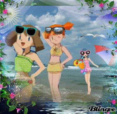a picture of three girls on a beach with blingee written on the bottom