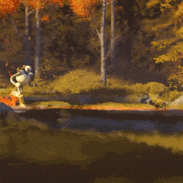 a painting of a robot in the woods with trees in the background
