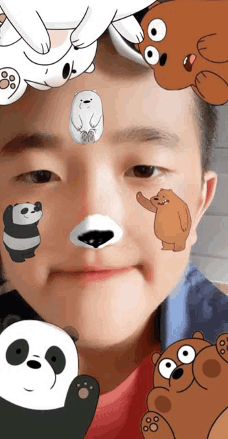 a young boy with bears on his face including panda bears and grizzly bears