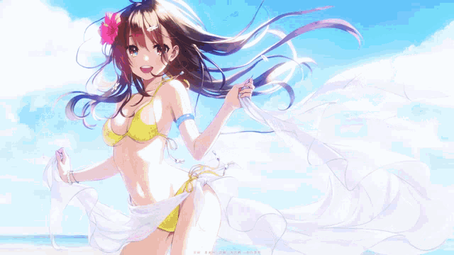 a girl in a yellow bikini with a flower on her head