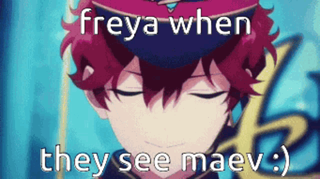 a picture of a boy with red hair and the words " freya when they see maev " on the bottom