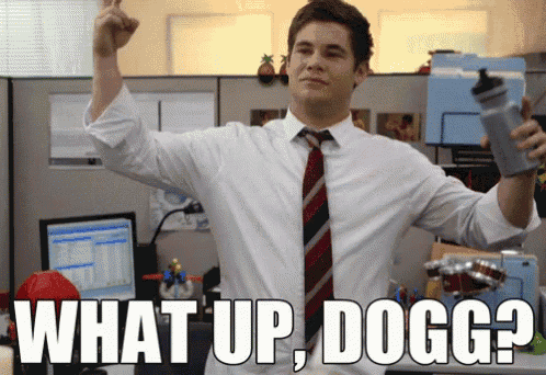 a man in a white shirt and tie holds a water bottle and says " what up dogg "