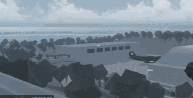 a computer screen shows a plane taking off from a runway in a video game
