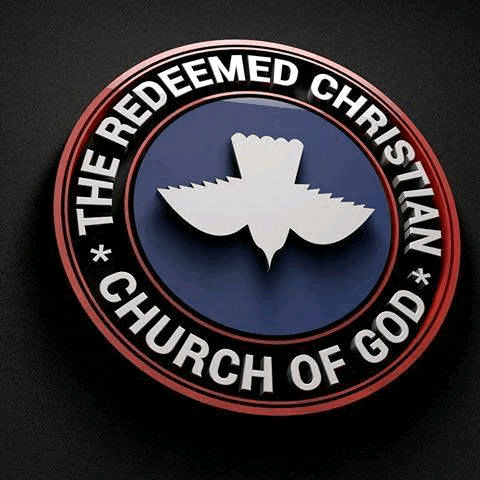 a logo for the redeemed christian church of god with a dove in a circle on a black background .