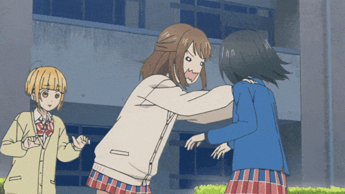 a girl in a plaid skirt is hugging another girl in a blue jacket