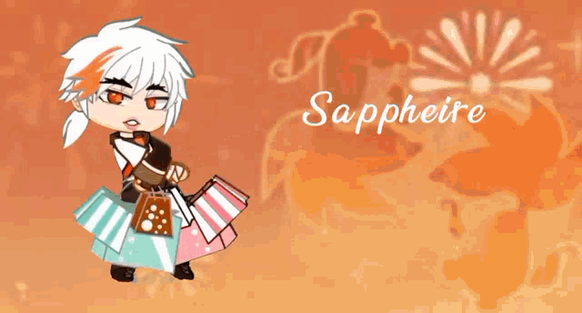 a drawing of a boy holding a fan with the name sapphire on the bottom