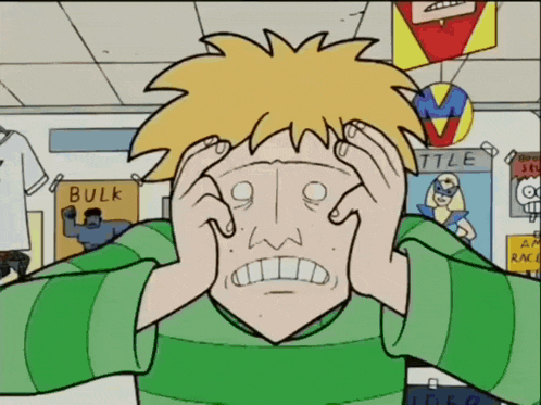 a cartoon character holds his head in front of a bulk sign
