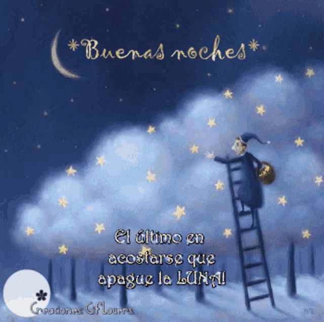 a drawing of a witch on a ladder with the words " buenas noches " on the bottom