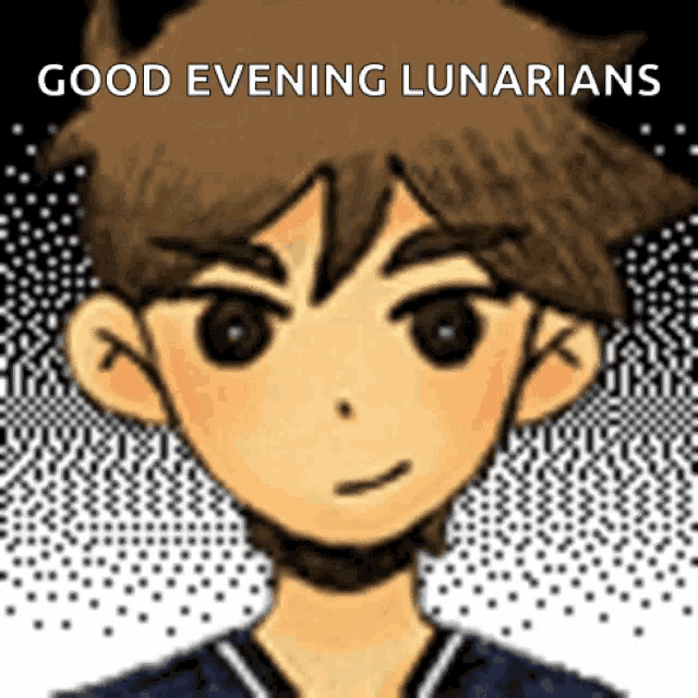 a drawing of a boy with the words " good evening lunarians " above him