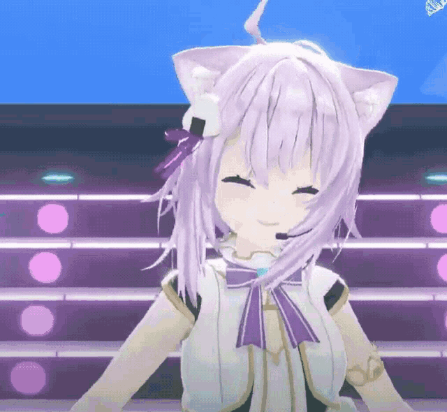 a 3d anime girl with purple hair and ears is smiling
