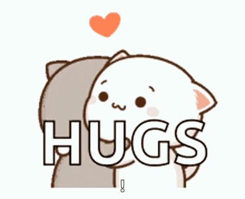 a cartoon cat is hugging another cat with a heart above it and the word hugs .